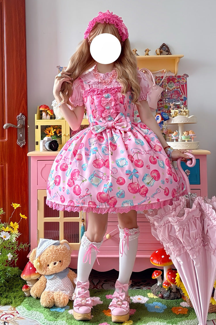 Pink [Cherry Sweet Ice] Print Ruffle Bowknot Lace Sweet Lolita Jsk Dress