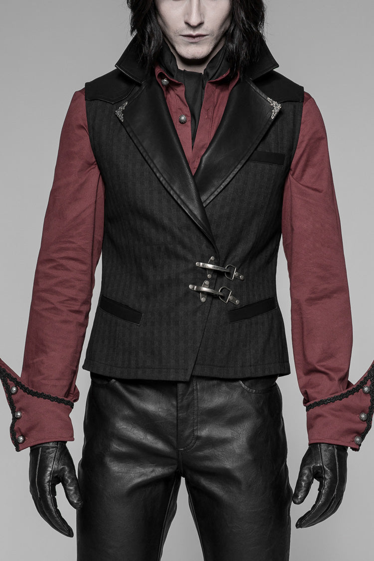 Black V Collar Sleeveless Metal Buckle Mens Steampunk Crossover Formal Vest