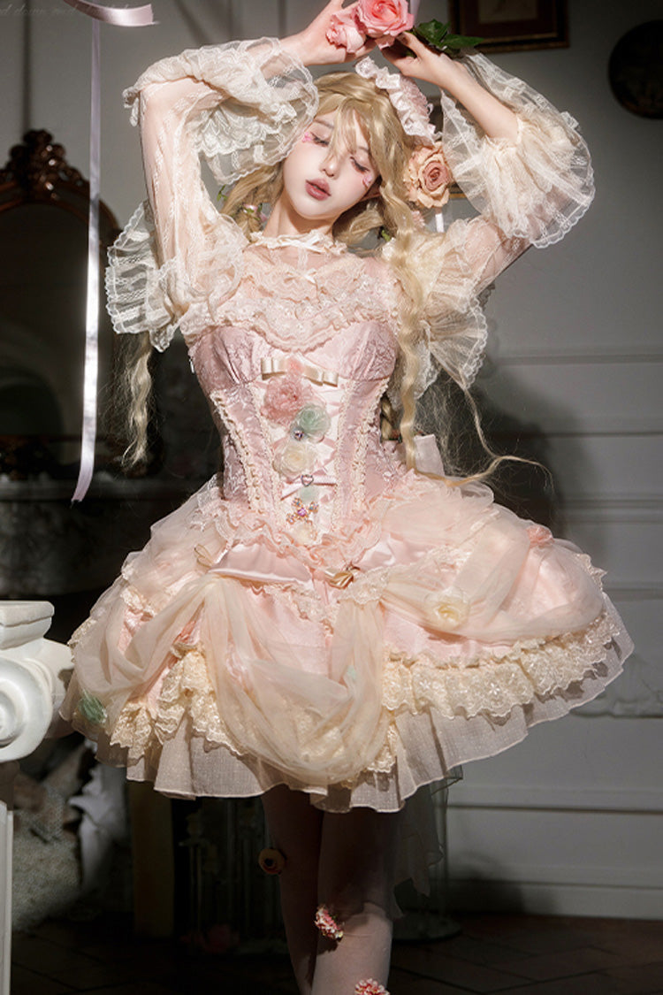 Pink [Dream Garden] Ruffle Hanayome Embroidery Bowknot Lace Fishbone Sweet Princess Gorgeous Lolita Jsk Dress