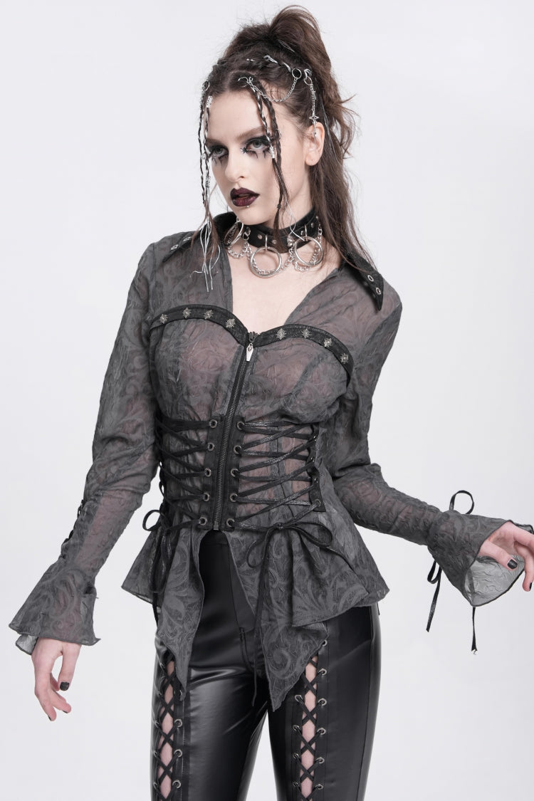 Black Long Sleeves Embroidery Lace-Up Irregular Sheer Women's Gothic Blouse