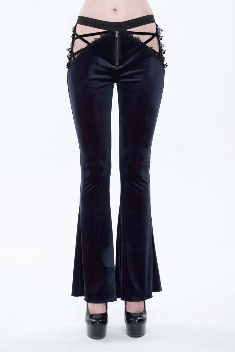 Black/Red Velvet Low-Rise Ribbon Cutout Flare Women's Gothic Pants