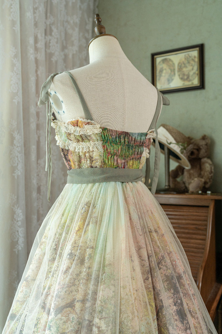 Green [Oil Painting – Spring] Sleeveless Print Ruffle Bowknot Lace Sweet Lolita Jsk Dress