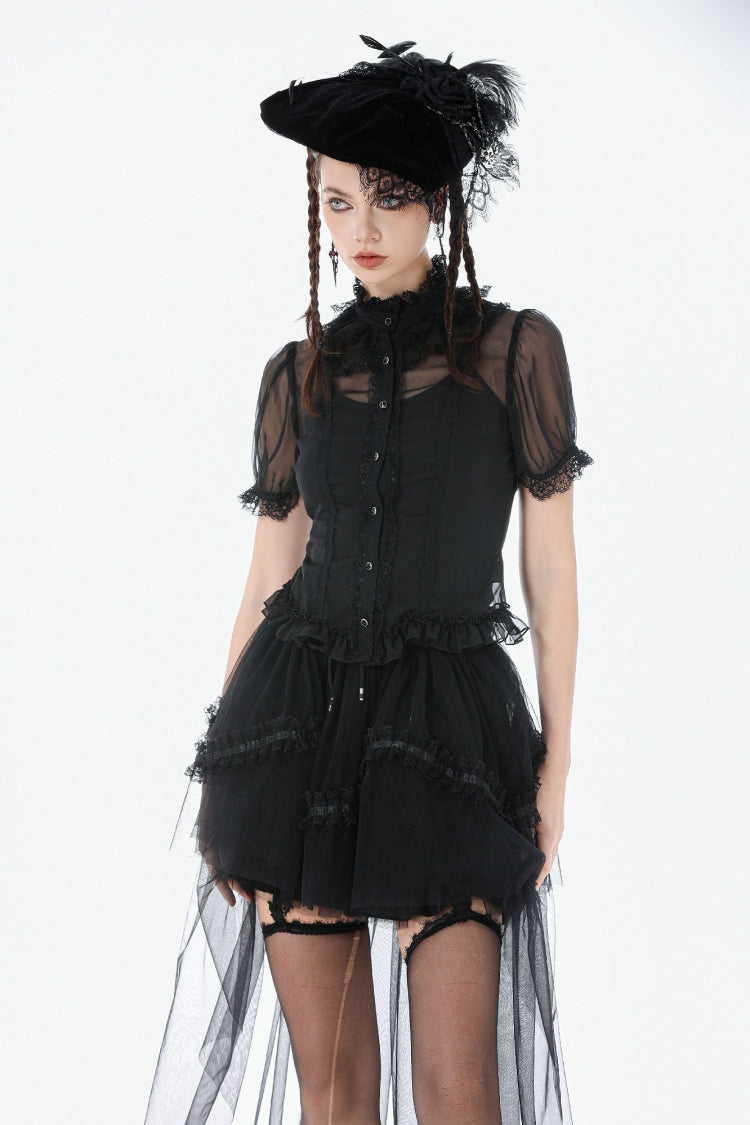 Chemisier gothique court en dentelle à volants multicouches noir, manches courtes bouffantes, transparent pour femmes