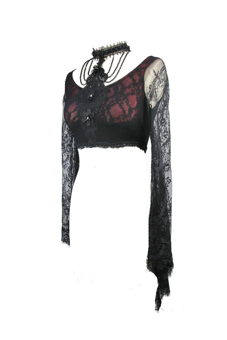 Schwarzes, superkurzes, durchbrochenes Sonnenschutz-Langarm-Gothic-Shirt für Damen