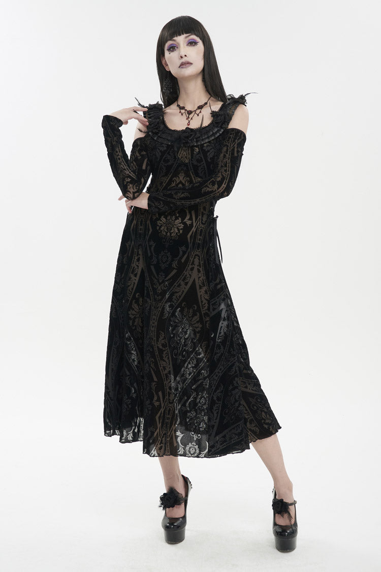Black Off Shoulder Ruffled Flocked Print Long Women's Gothic Dress