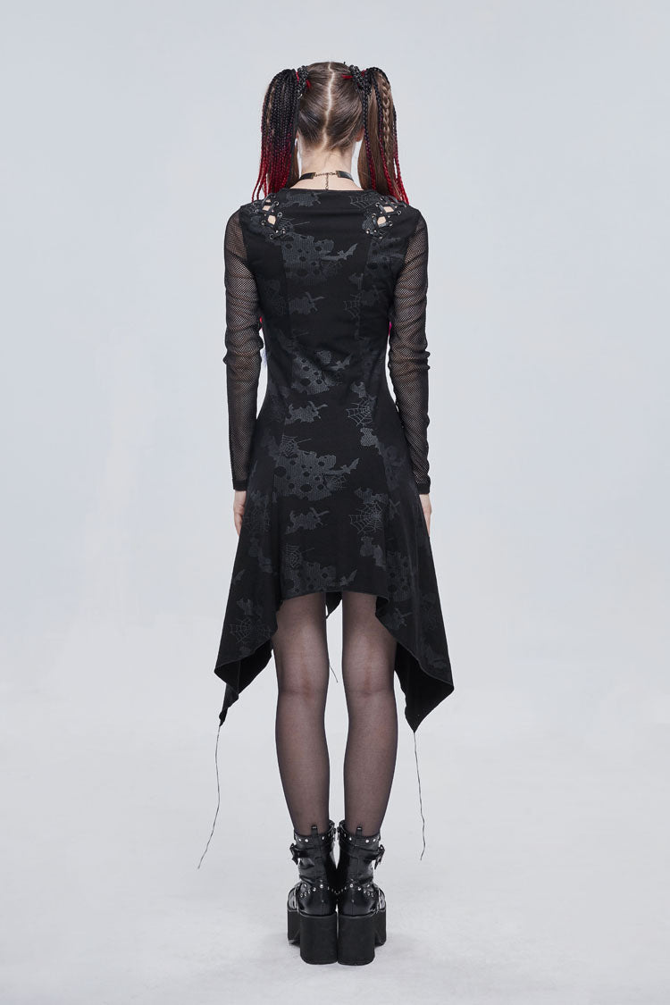 Black Shoulder Cutout Tie Rope V Neck Pattern Print Decorative Women's Gothic Dress