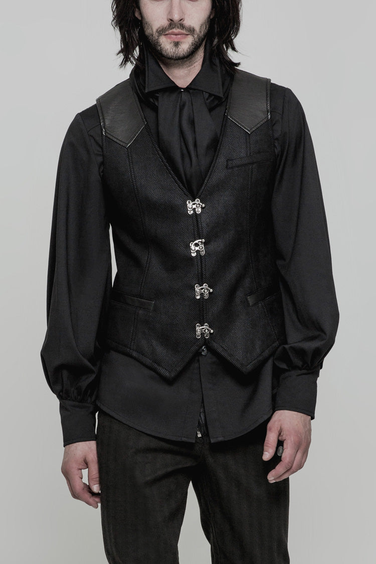 Schwarze ärmellose Steampunk-Weste für Herren mit Aufdruck und Metallknöpfen