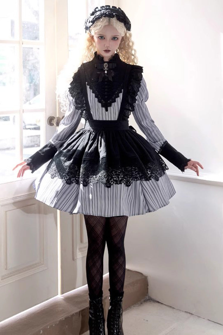 Light Grey [Nocturne] Vertical Stripes Print Ruffle Bowknot Lace Gothic Lolita Dress 2 Versions