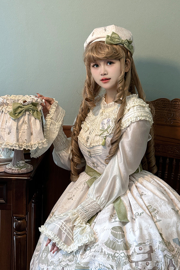 [Iris Study] V-Kragen Ärmellos Print Schleife Spitze Süßes Lolita Pullover Kleid 2 Farben
