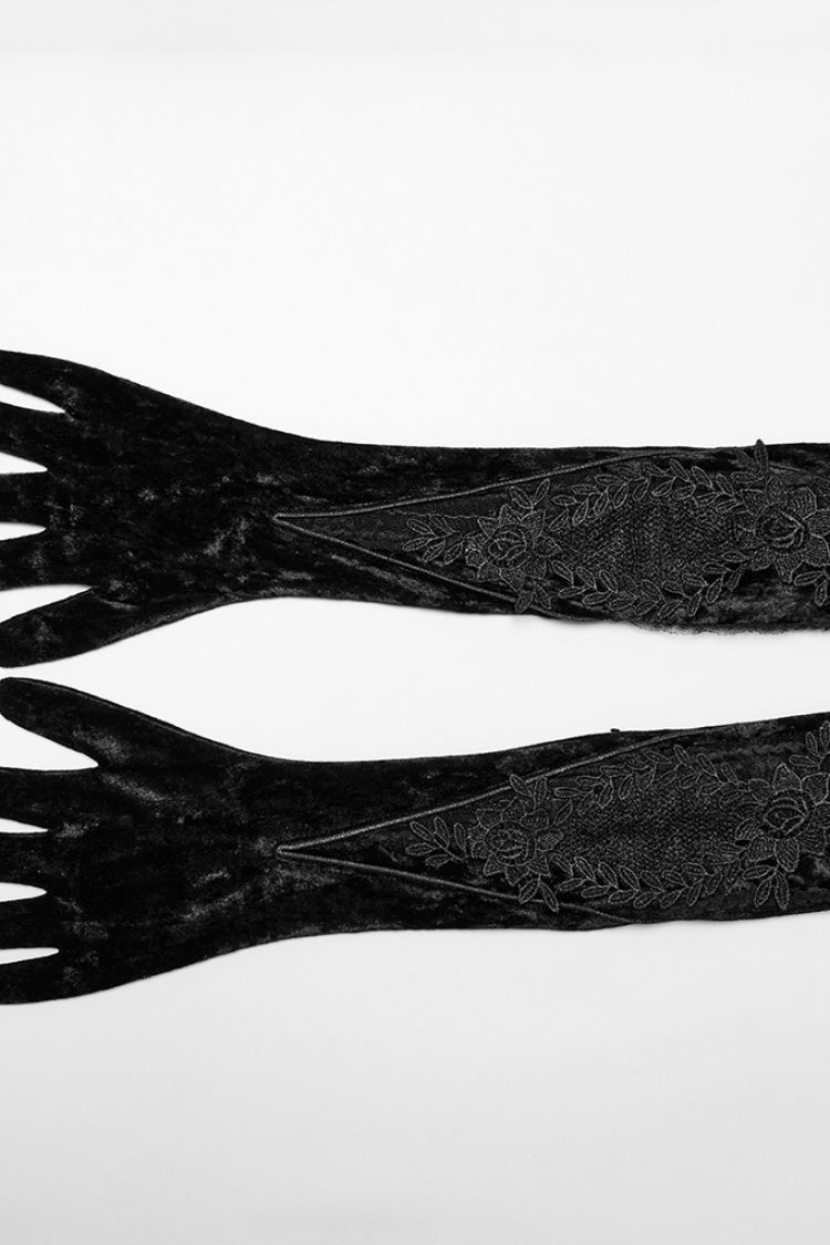 Black Floral Embroidery Lace-Up Women's Gothic Gloves