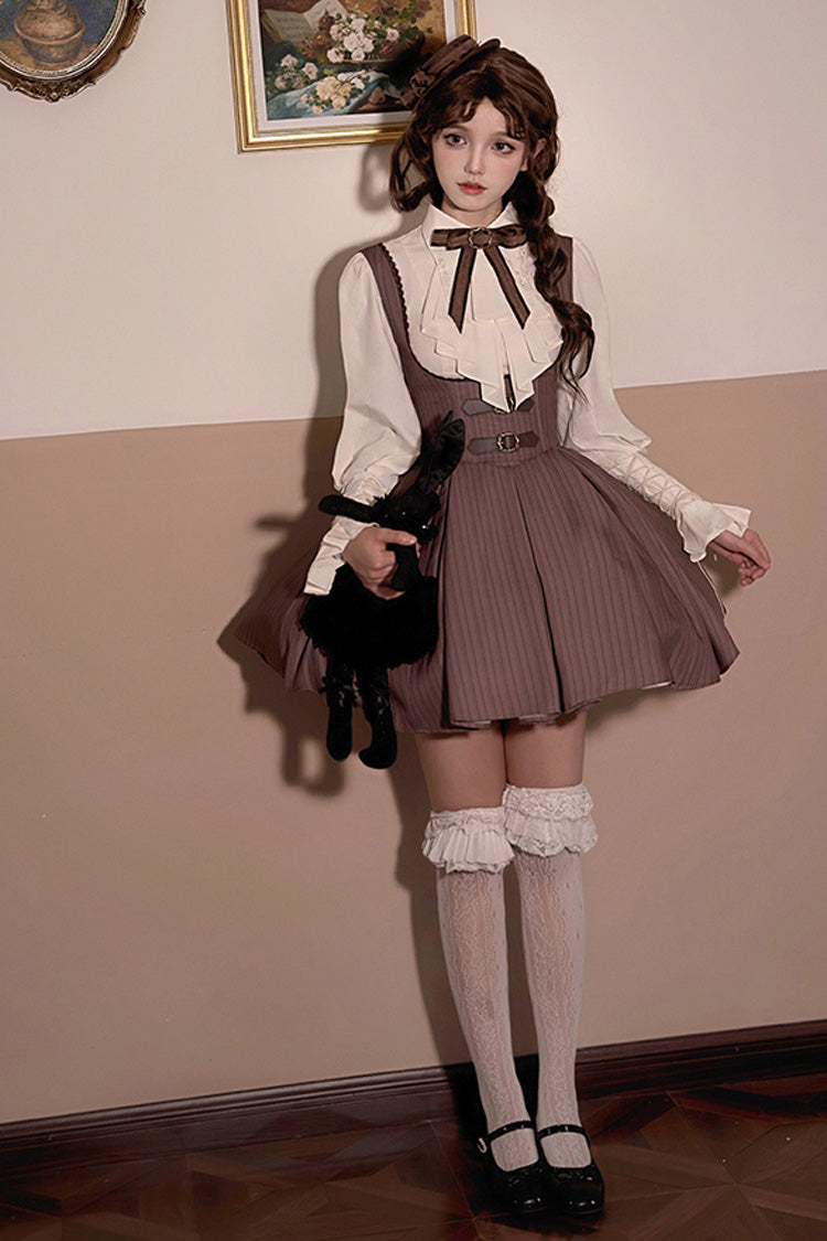 Brown [Manchester City's Past] Striped Print Breast Support Short Version Sweet Lolita Dress