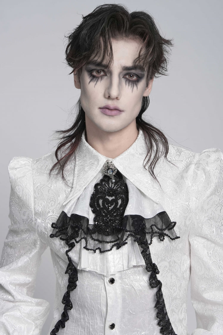Weiße bedruckte, mit Diamanten und Perlen bestickte Patchwork-Spitze für Herren im Gothic-Stil, luxuriöse königliche Krawatte