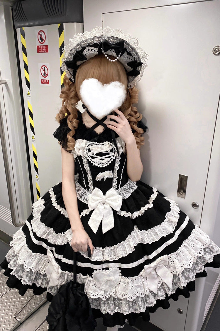 Noir/Blanc [Super Mignon Belia] Robe Lolita Jsk Élégante Gothique en Dentelle à Nœud Papillon à Volants à Trois Couches Sans Manches 