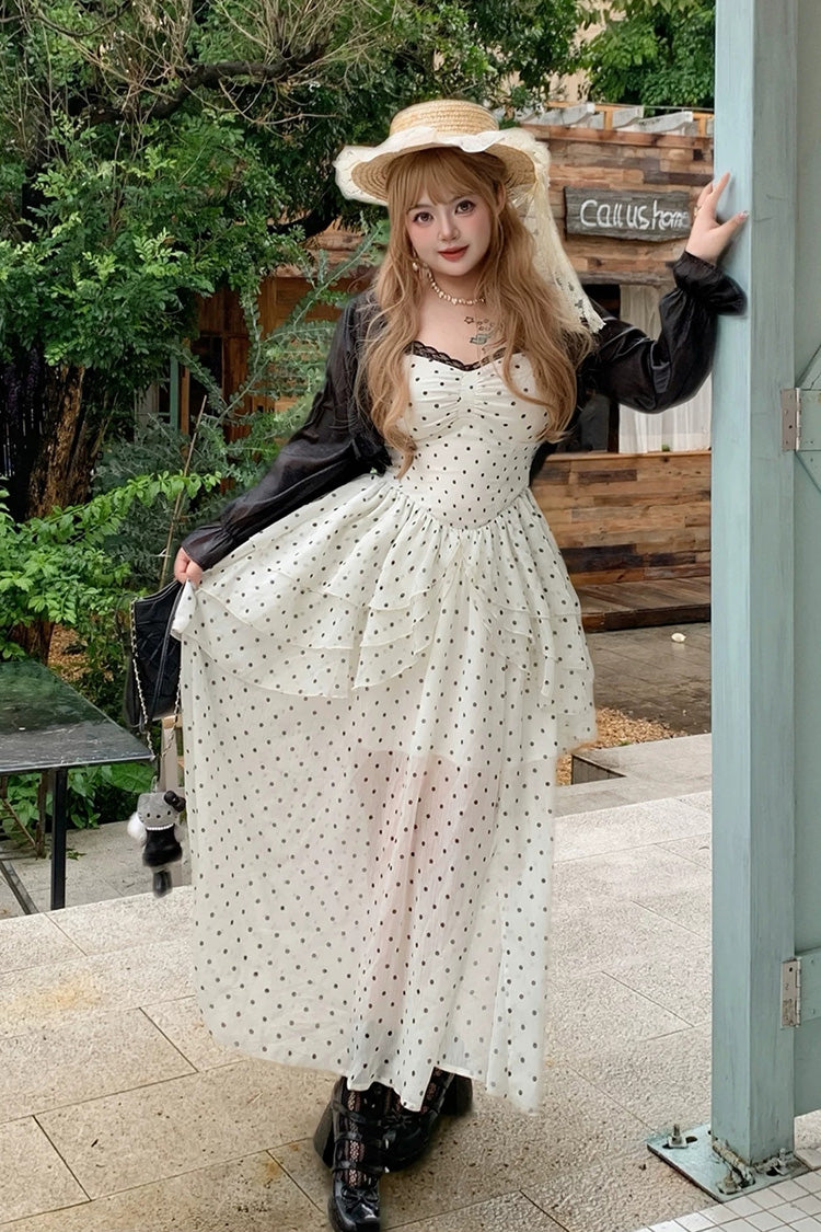 Black/White Square Collar Sleeveless Polka Dot Printed Ruffled Lace Sweet Plus Size Lolita Jsk Dress