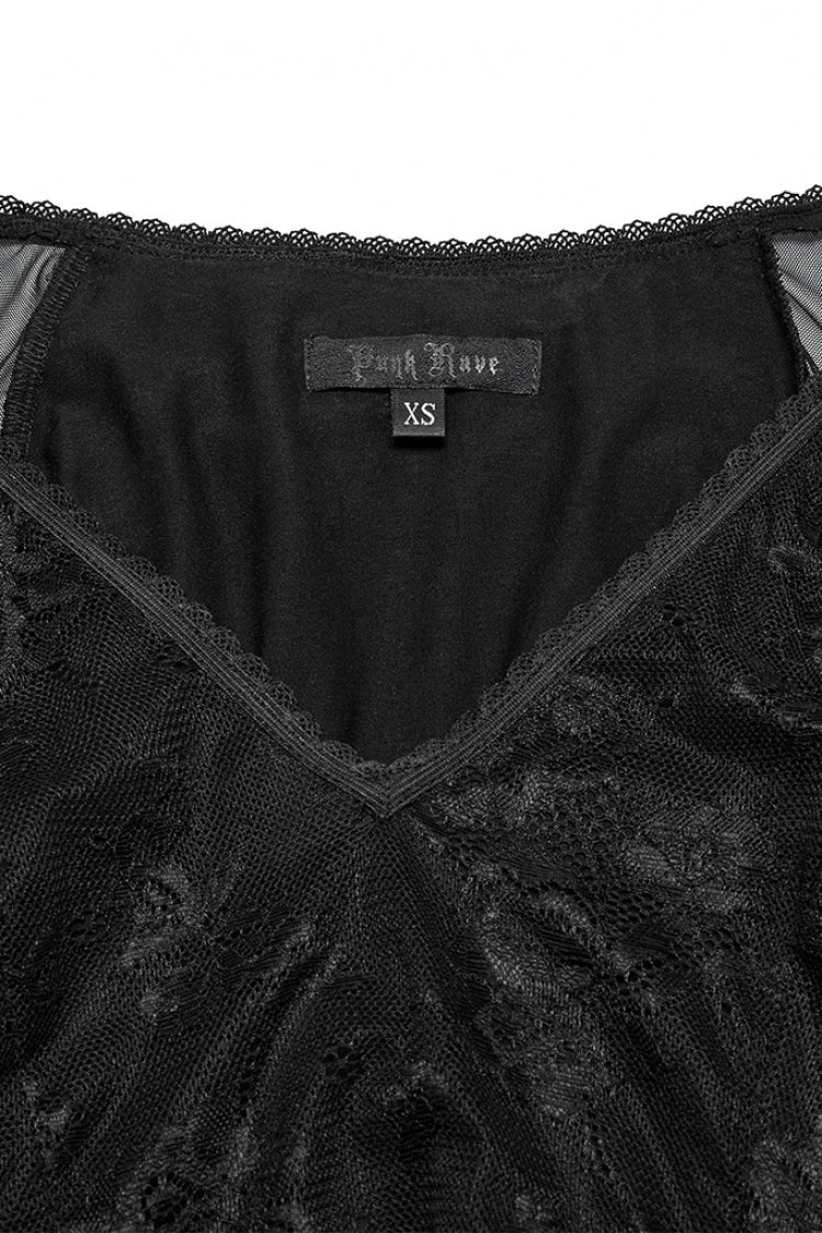 Black Long Plunging Batwing Sleeves Hollow Embroidery Women's Punk Dress