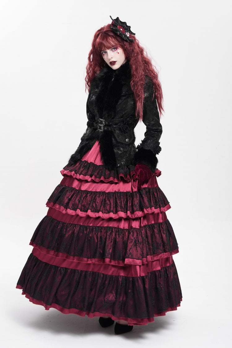 Black Long Sleeves Rose Floral Embroidery Buckle Straps Women's Gothic Coat