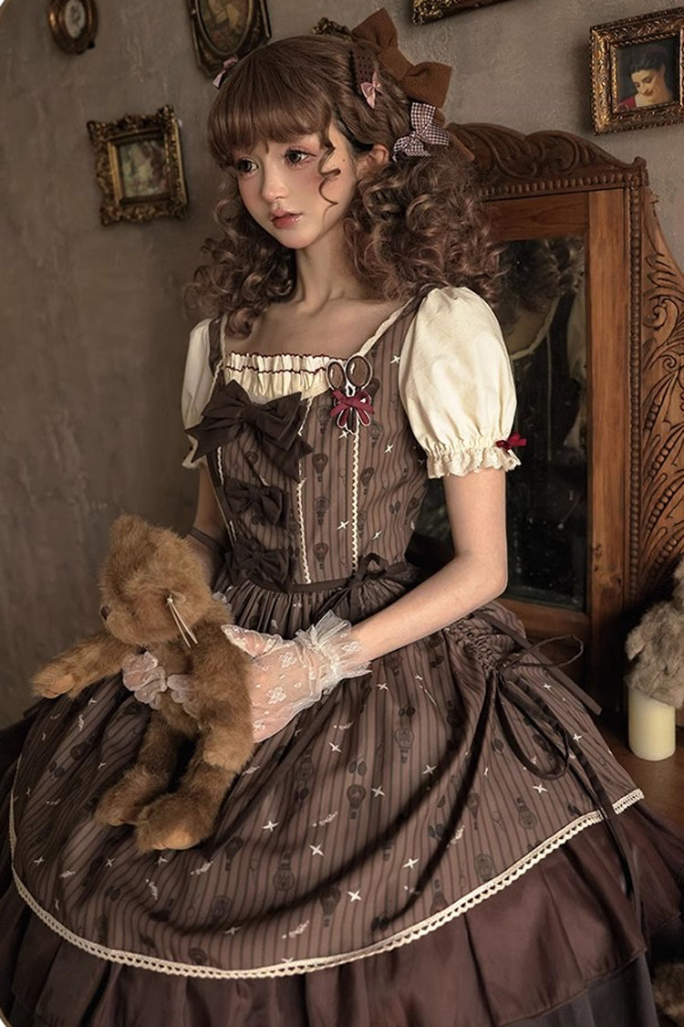 Brown Moro Coco [Hot Air Balloon] Print Ruffle Bowknot Sweet Elegant Princess Lolita Dress