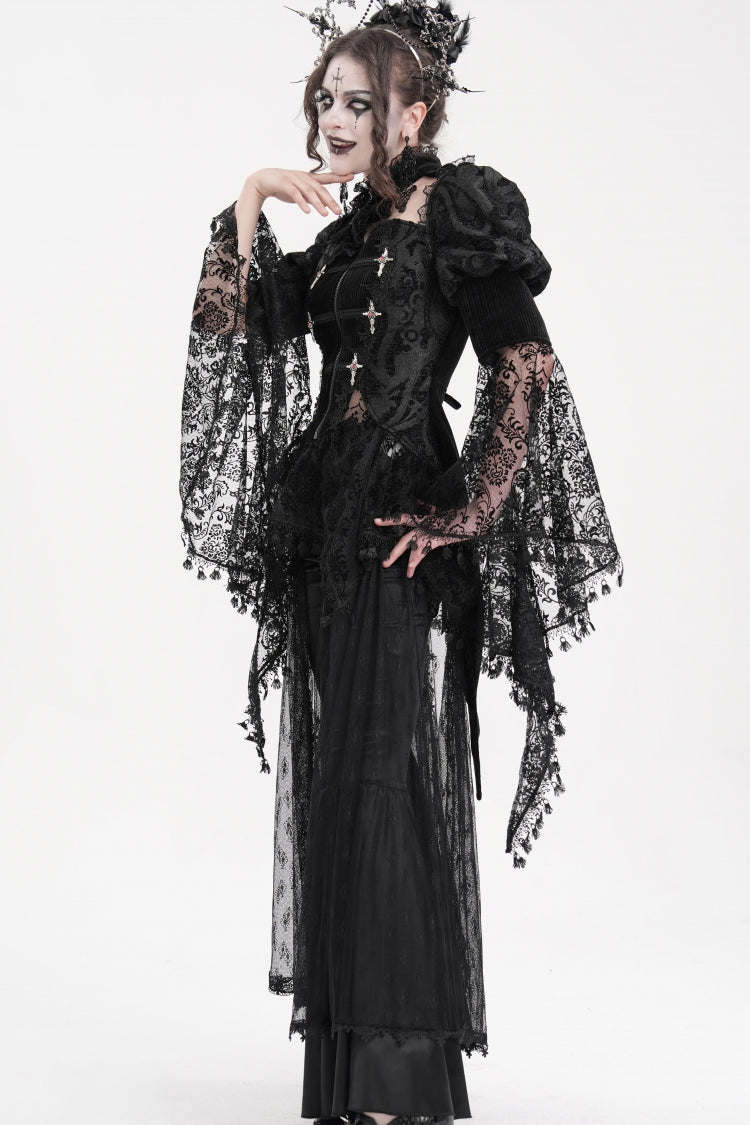 Black Long Sleeves Hollow Lace Tassels Women's Gothic Jacket