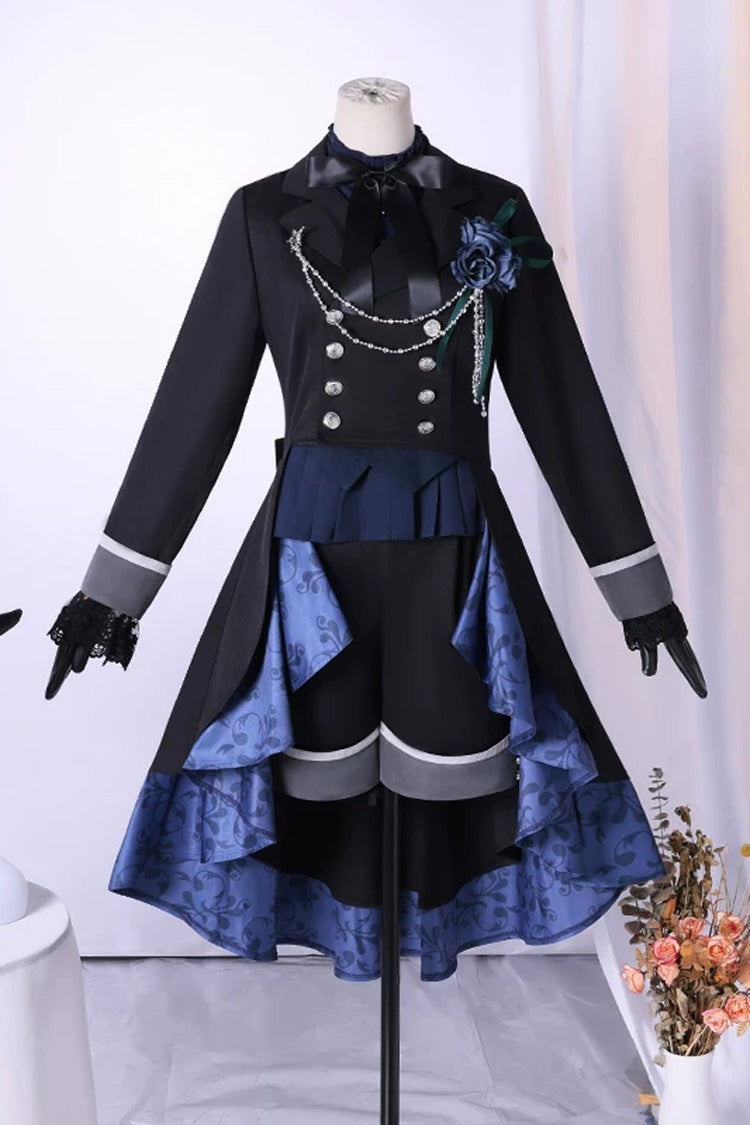 Black Rose Ciel Lapel Collar Long Sleeves High Waisted Chain Decorated Ouji Gothic Prince Style Coat and Shorts Set