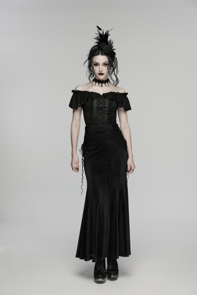 Schwarzer, bestickter, schmaler Damen-Gothic-Elegant-Langrock mit Schnürung