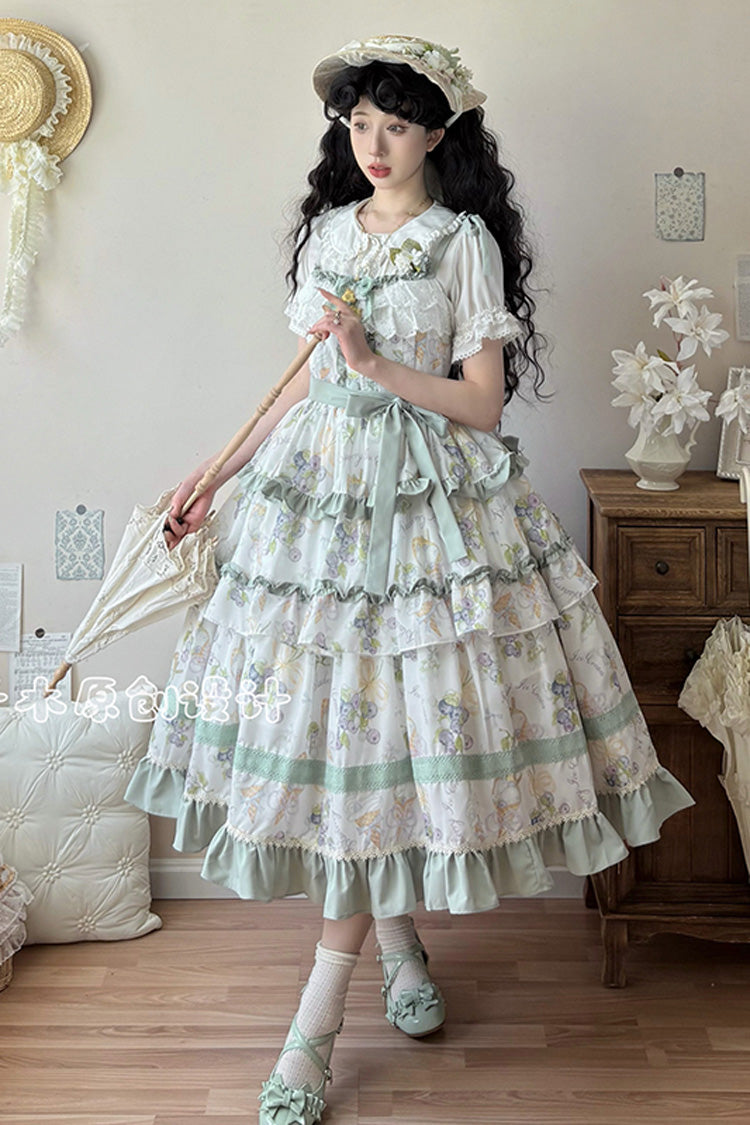 [Blueberry Early Summer] Sleeveless Triple-Layered Print Ruffle Bowknot Lace Sweet Lolita Jsk Dress 2 Colors
