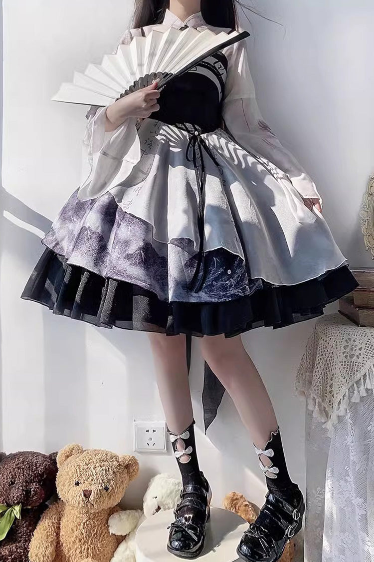 Multi-Color Multi-layer Chinese Ink Style Print Ruffle Sweet Lolita Jsk Dress Set