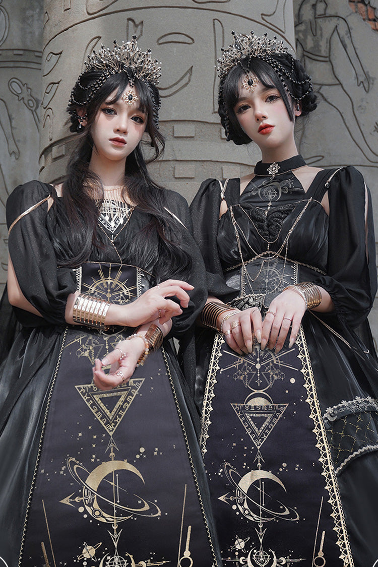 Black [Nightmare of Horus] Print Ruffle Hot Stamping Gothic Gorgeous Lolita Jsk Short Dress