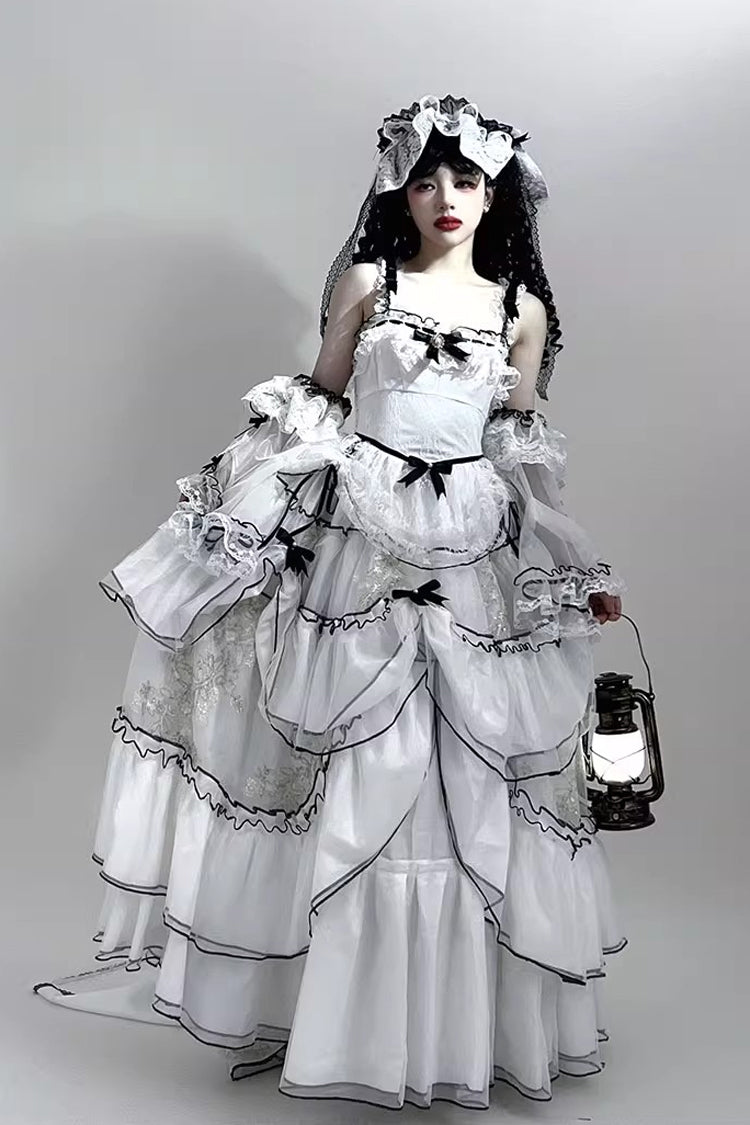 White [Cascade Poem] Sleeveless Multi-Layered Ruffle Hanayome Bowknot Lace Gothic Plus Size Gorgeous Lolita Jsk Long Dress