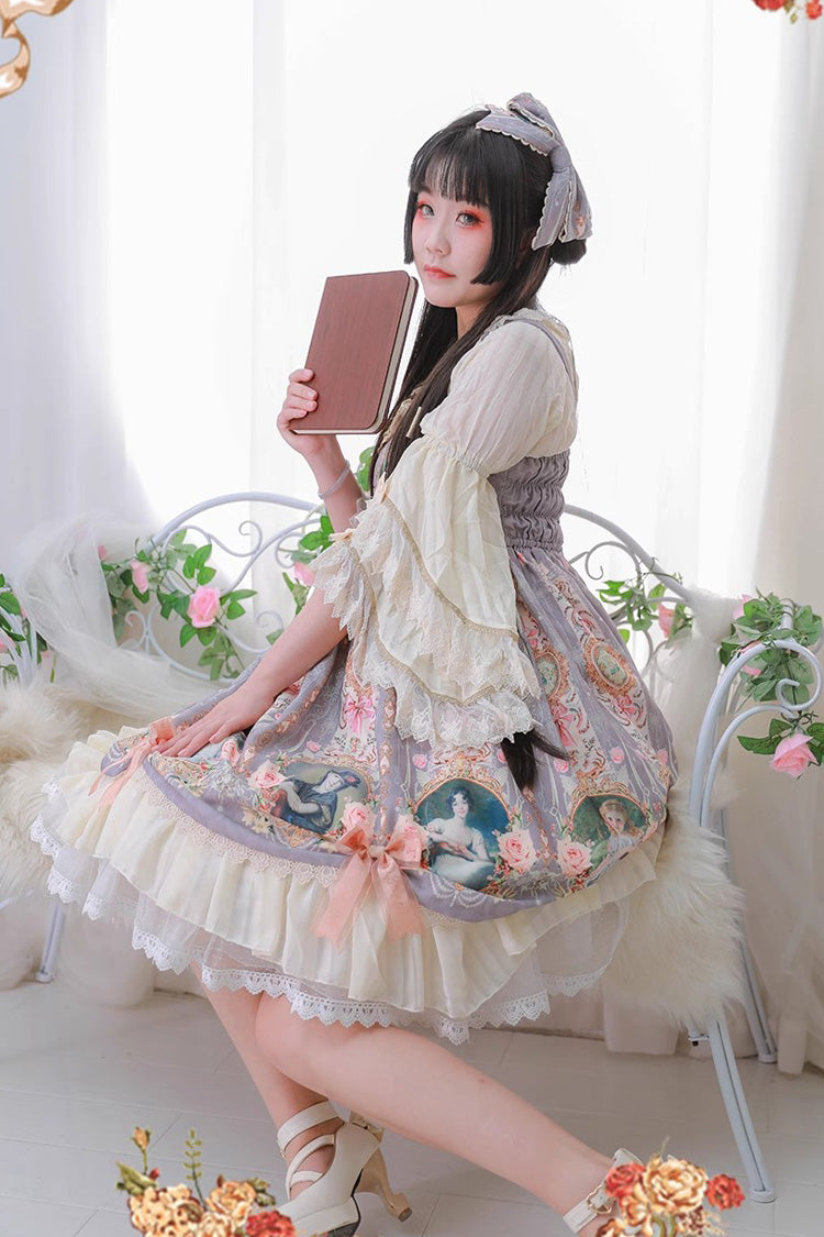 [Portrait of A Little Lady] Print Ruffle Bowknot Lace Classic Vintage Elegant Lolita Jsk Dress 3 Colors