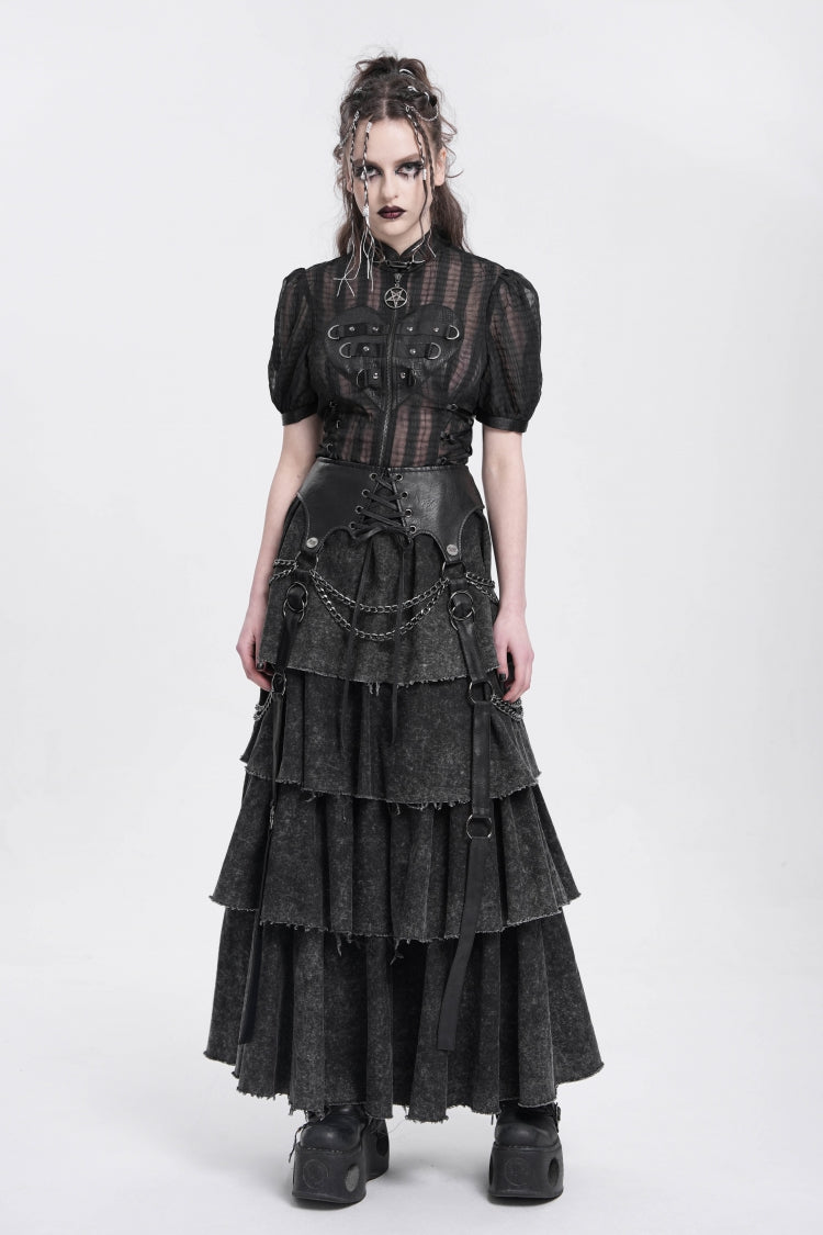 Black Stand Collar Short Puff Sleeves Sheer Mesh Women's Gothic Blouse