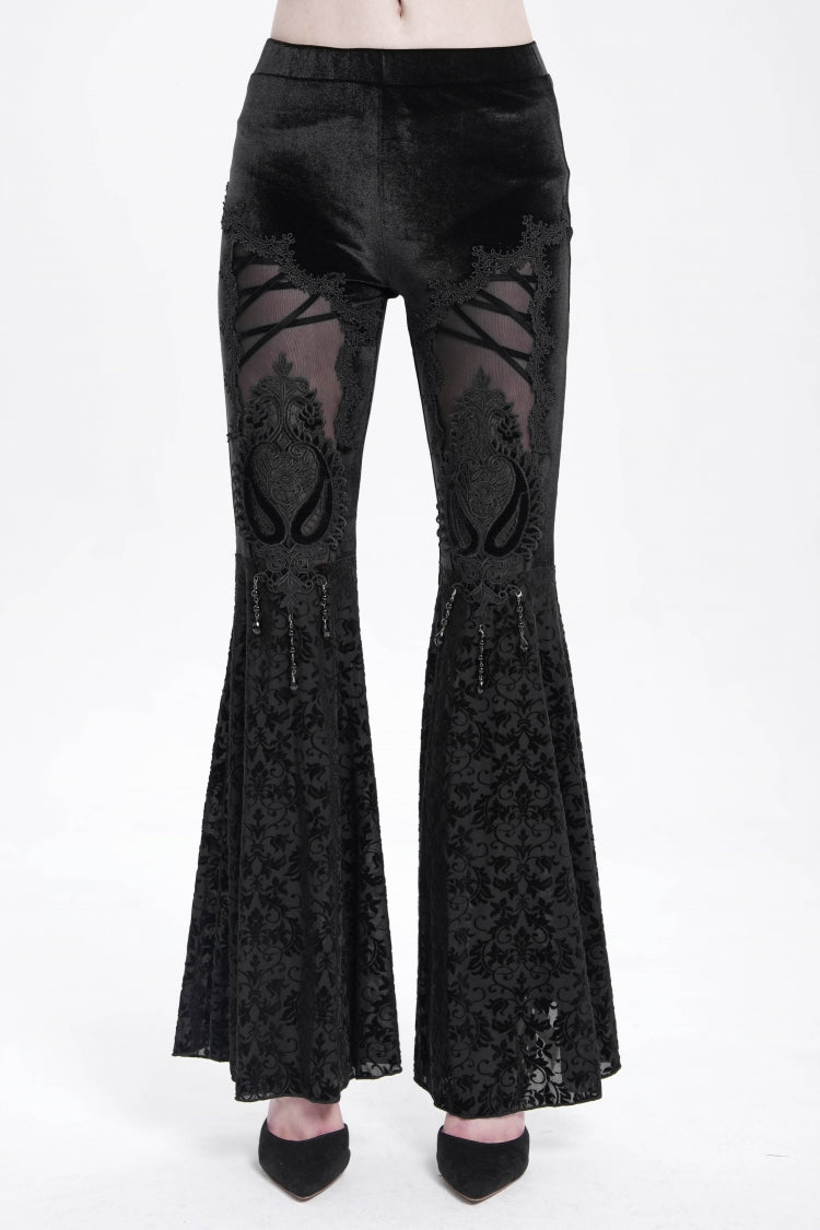 Black Hollow Floral Embroidery Women's Gothic Flared Pants