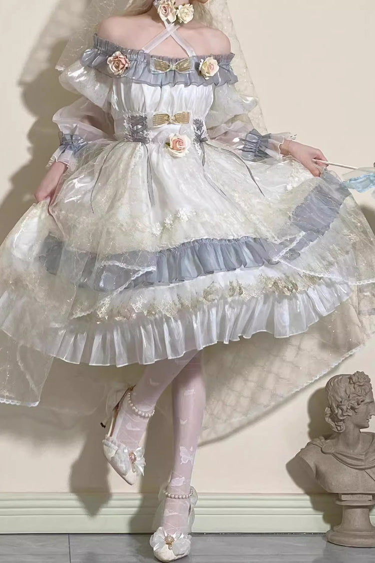 Grey/Blue [Spring of Boliya] Long Sleeves Multi-Layered Ruffle Bowknot Lace Lace-Up Sweet Princess Lolita Dress