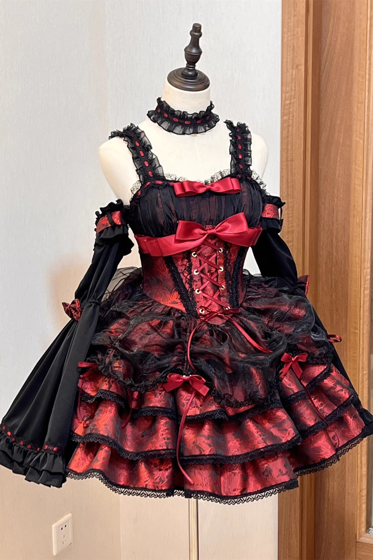Black/Red Sleeveless Multi-layer Ruffle Bowknot Lace-Up Gothic Princess Lolita Jsk Dress