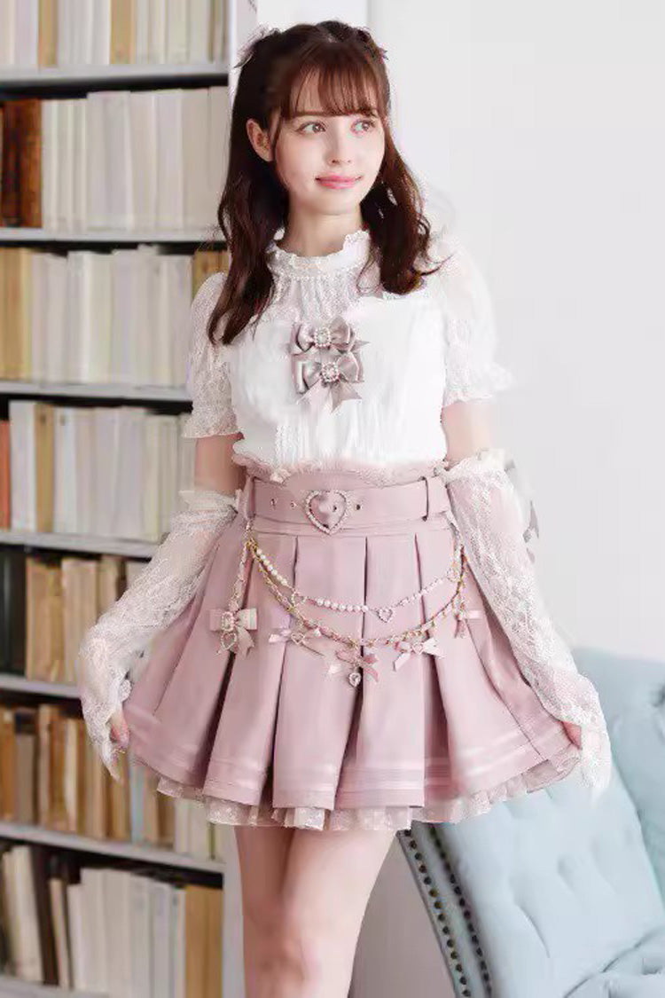 Sweet-Herz-Gürtel, bedruckter, gerüschter Bogen, perlenverzierter, kettenverzierter, plissierter Jirai-Kei-Rock in Übergröße