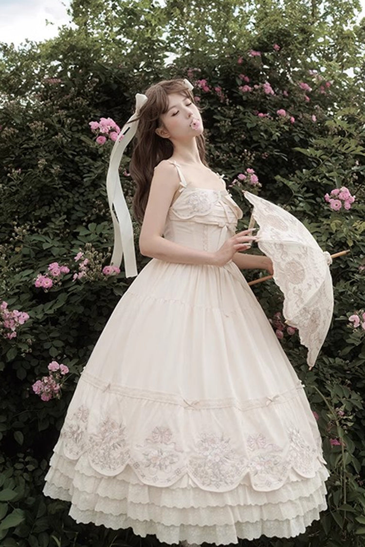 Abricot [Papillon Fantaisie] Robe Lolita Sweet Princess à Volants à Trois Couches avec Noeud Papillon Broderie en Dentelle Jsk 
