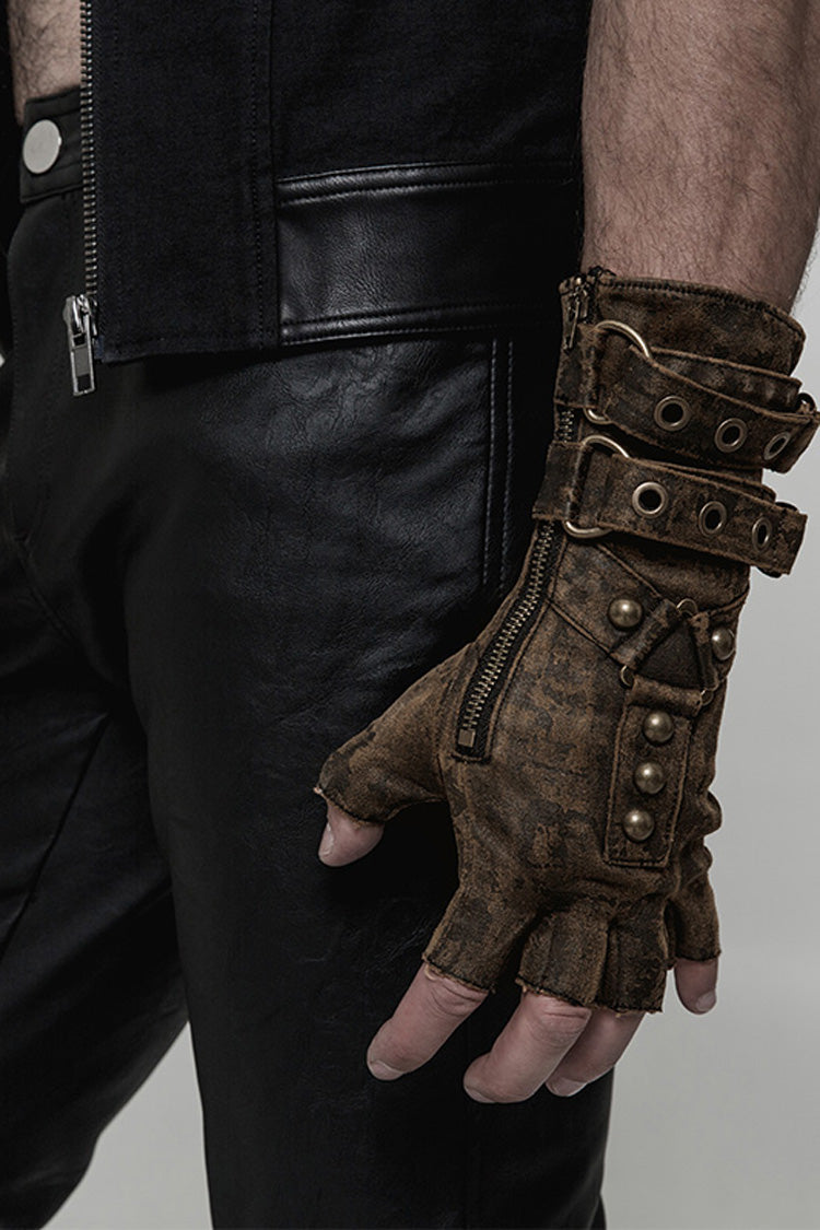 Metal Buckle PU Leather Men s Steampunk Gloves 2 Colors LolitaInside
