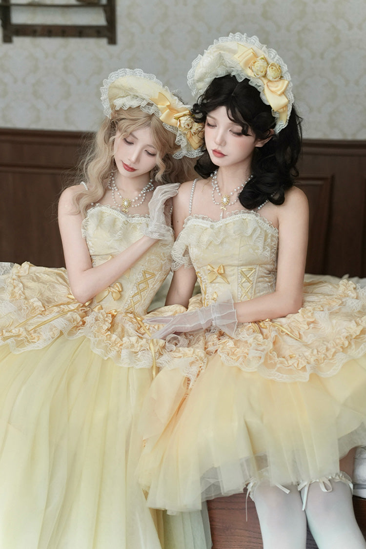 Yellow [Sissi's Pilgrimage] Off Shoulder Ruffle Bowknot Lace Sweet Lolita Skirt (Short Version)
