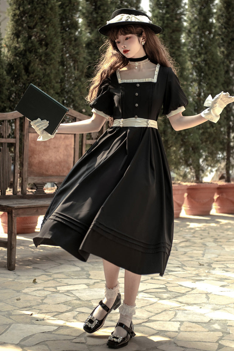Black [Random Thoughts] Square Collar Short Sleeves Ruffle Classic Vintage Elegant Lolita Dress