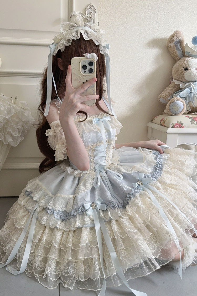 Blue [Ribbon Heart Love] Sleeveless Multi-Layered Ruffle Bowknot Lace Lace-Up Sweet Princess Ballet Lolita Jsk Dress