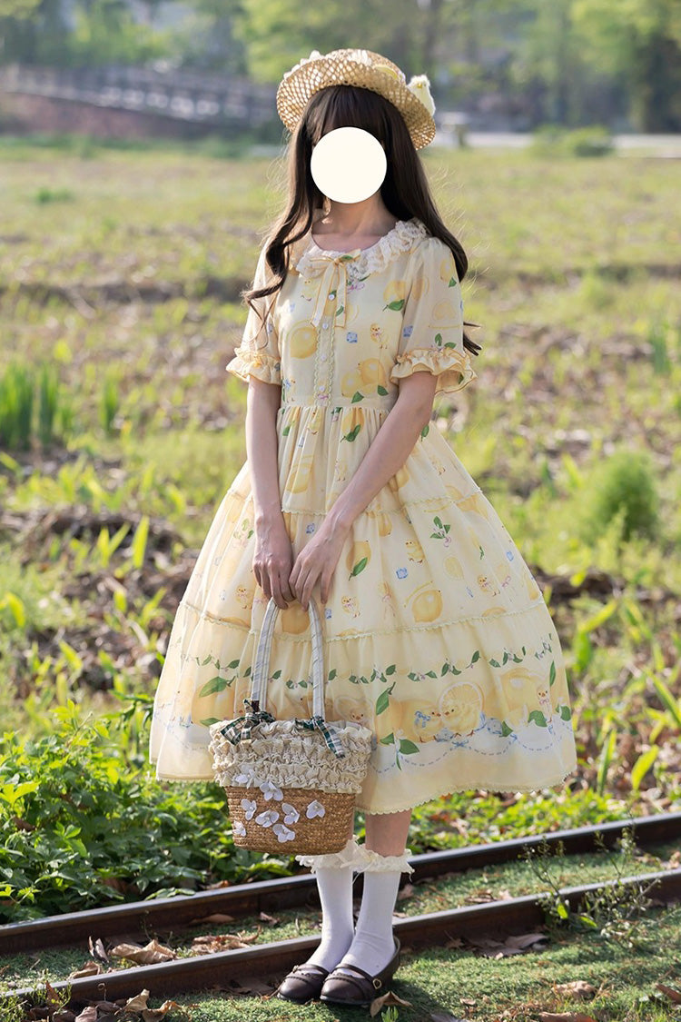 Yellow [Lemon Chicken] Short Sleeves Print Ruffle Bowknot Lace Daily Sweet Lolita Dress