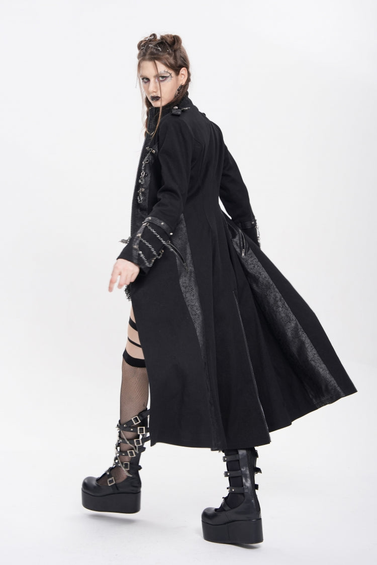 Black Stand Collar Long Sleeves Buckle Chain Women's Punk Jacket