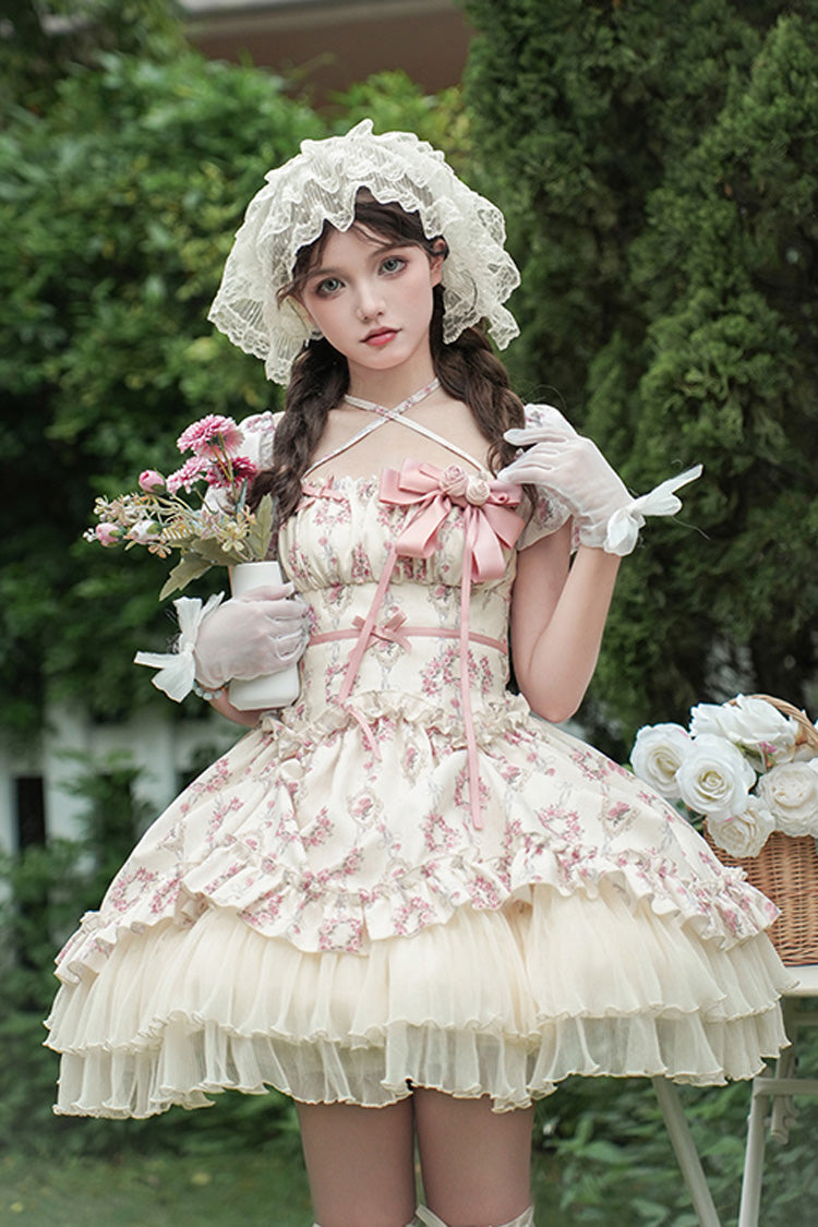 Robe courte Lolita douce à manches courtes ivoire [Rose après la pluie] à imprimé triple couche avec nœud à volants et lacets 