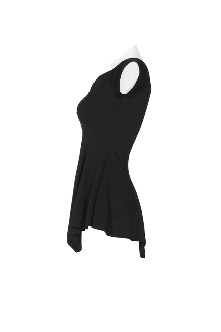 Schwarzes kurzärmliges, orizontales Halsteil, vordere Brustpartie, Spitzenstickerei, Rüschensaum, Gothic-T-Shirt für Damen