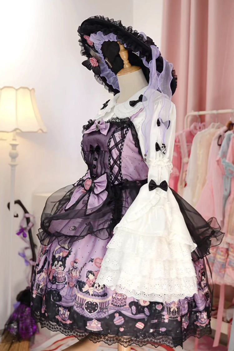 Purple [Devil Cat] Print Ruffle Bowknot Lace Gothic Lolita Jsk Dress (Plus Size Support)