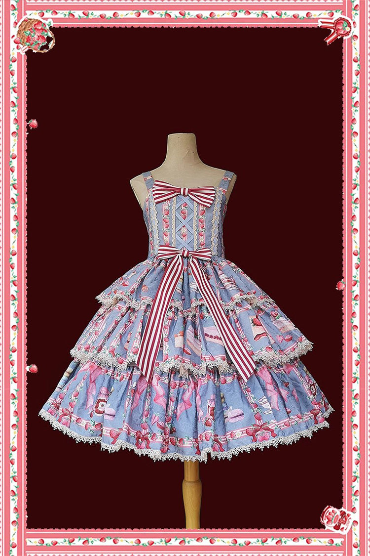 Strawberry Afternoon Tea Cake Ice Cream Print Bowknot Sleeveless Sweet Lolita Tiered Dress 3 Colors