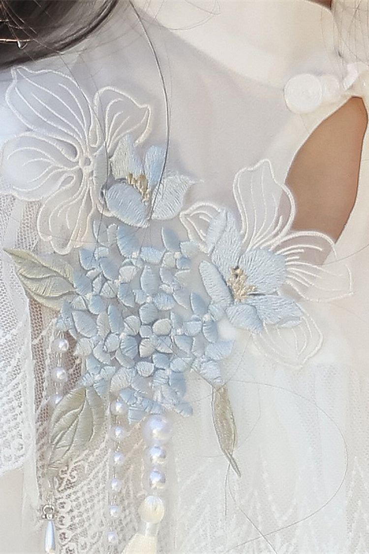 Robe Lolita élégante de style chinois doux avec manches courtes imprimées, volants en dentelle et message d'hortensia blanc 