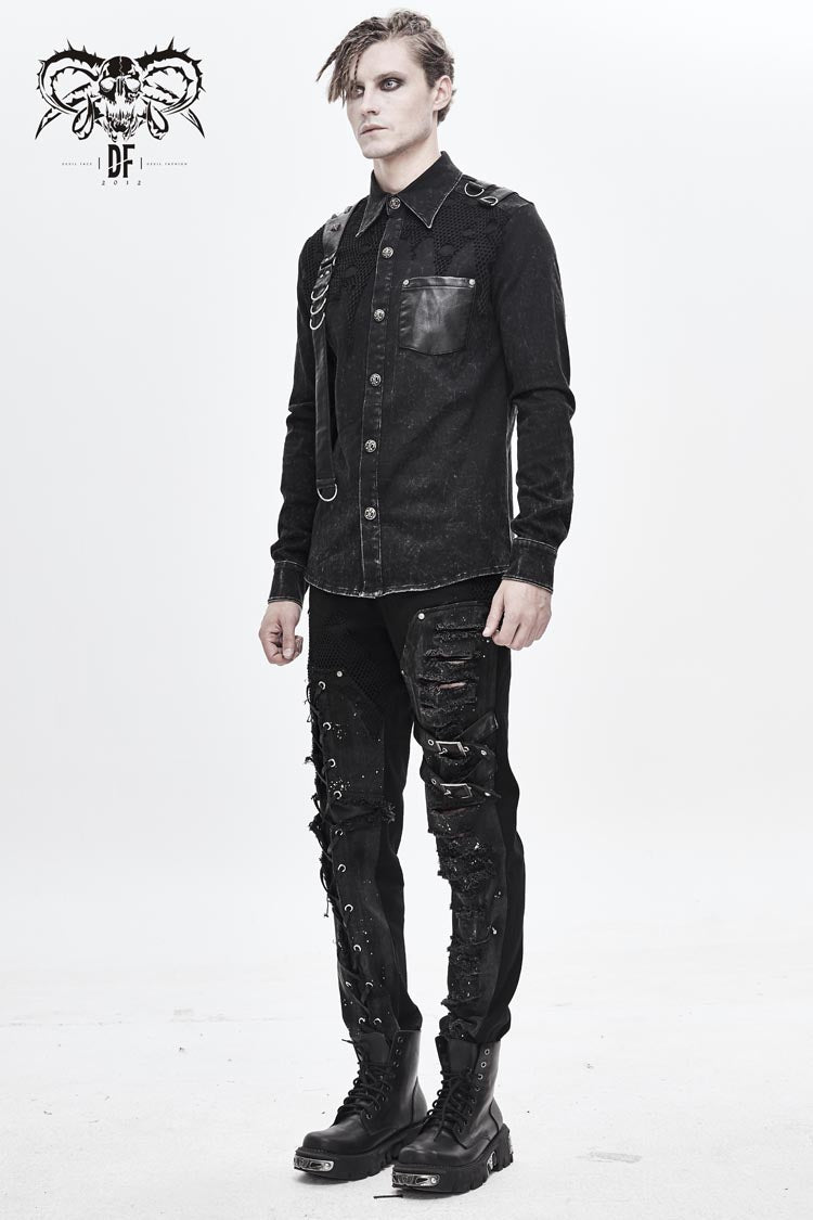 Black Asymmetric Left Shoulder Loop Mesh Rivet Snap Button Men's Punk Shirt