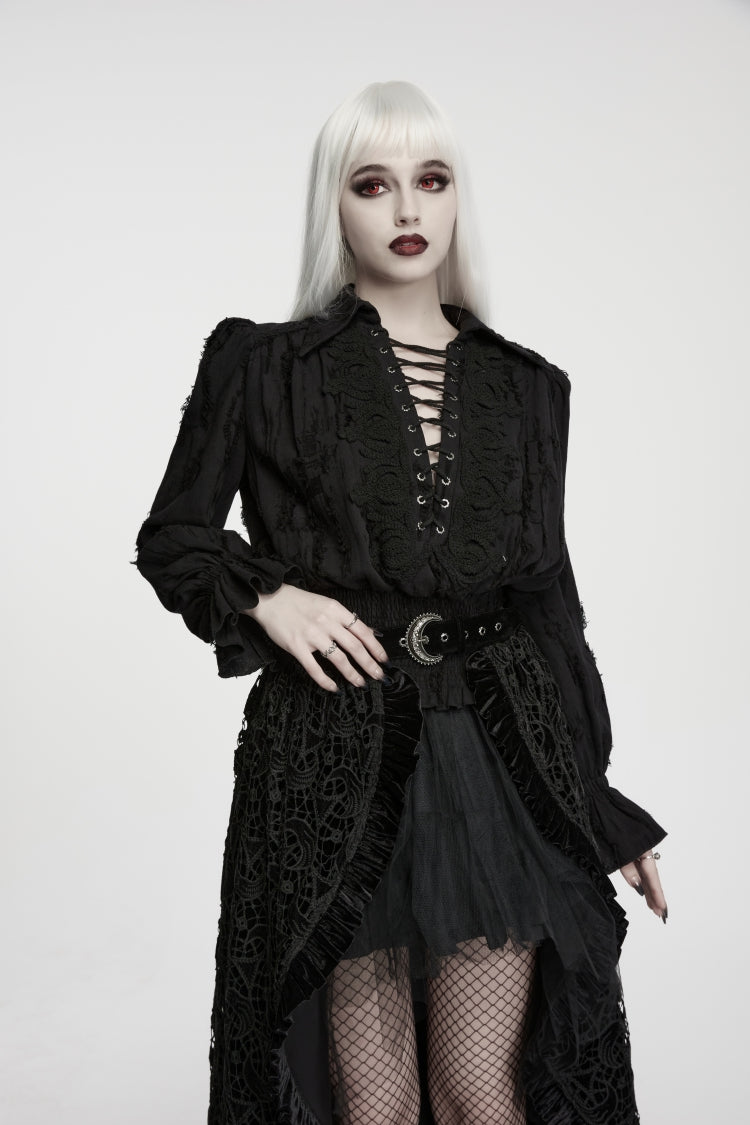 Schwarze Damen-Gothic-Vintage-Königsbluse mit Revers, Distressed-Kragen, langen Laternenärmeln und Schnürung