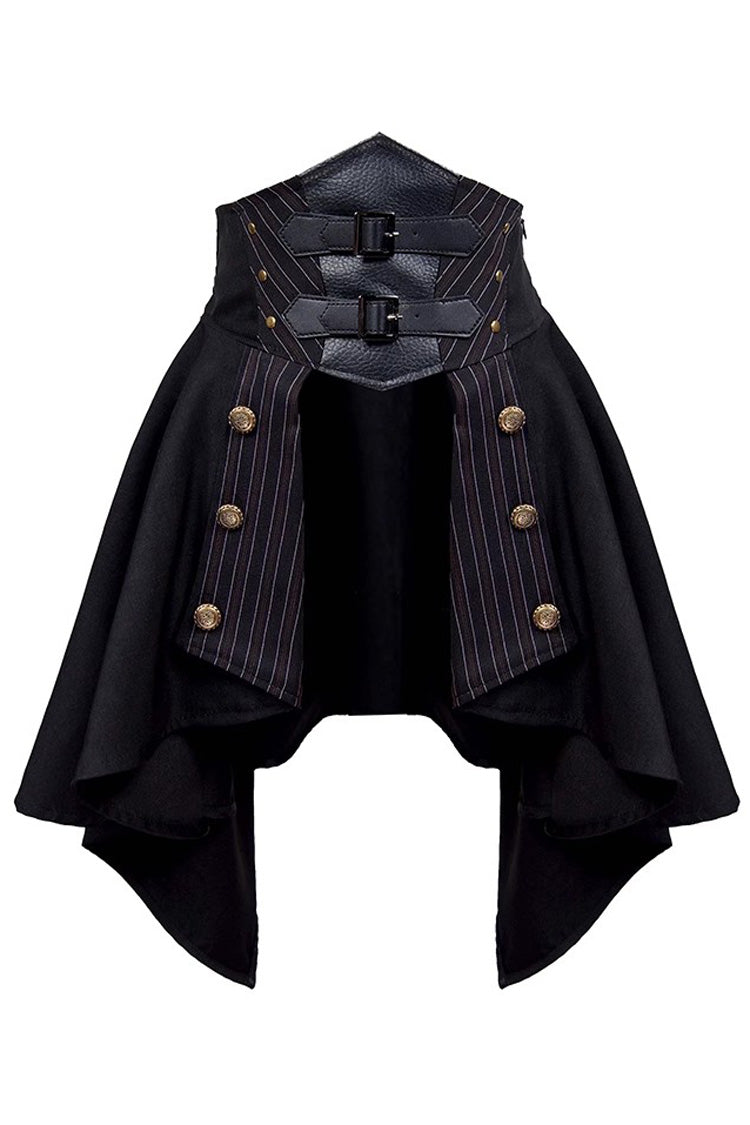 Black High Waisted Striped Print Button Leather Girdle Stitching Gothic Skirt