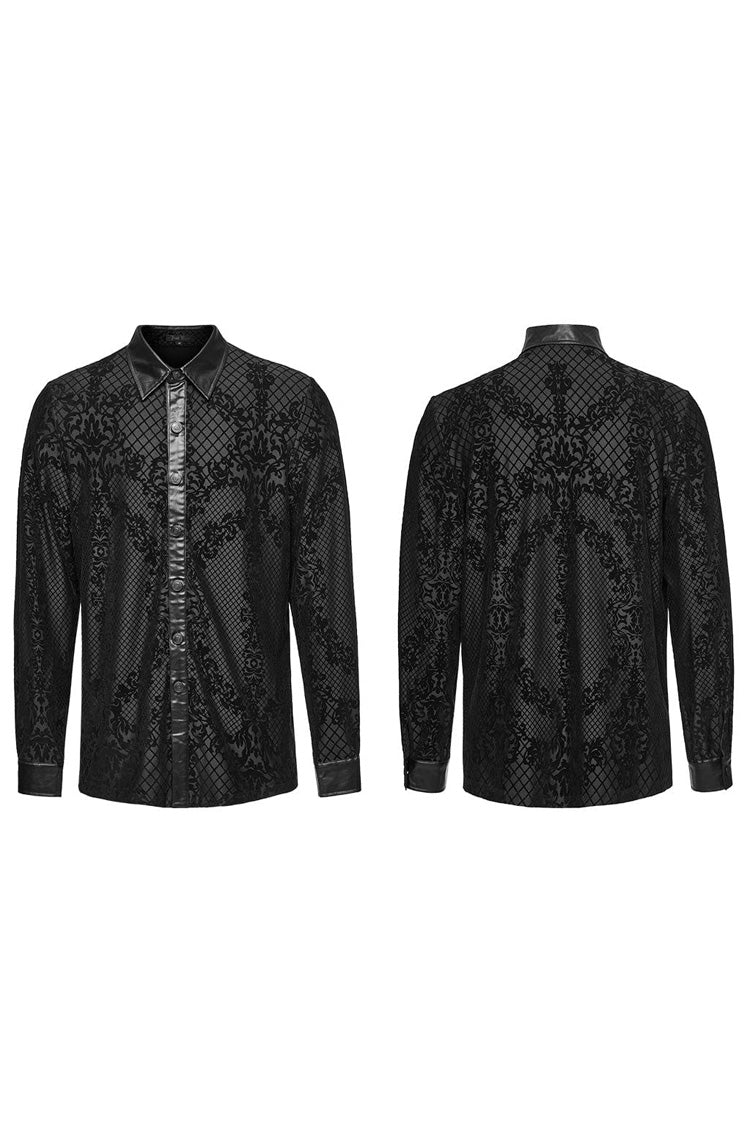 Black Floral Print Faux Leather Stitching Skull Button Decorated Mens Gothic Blouse
